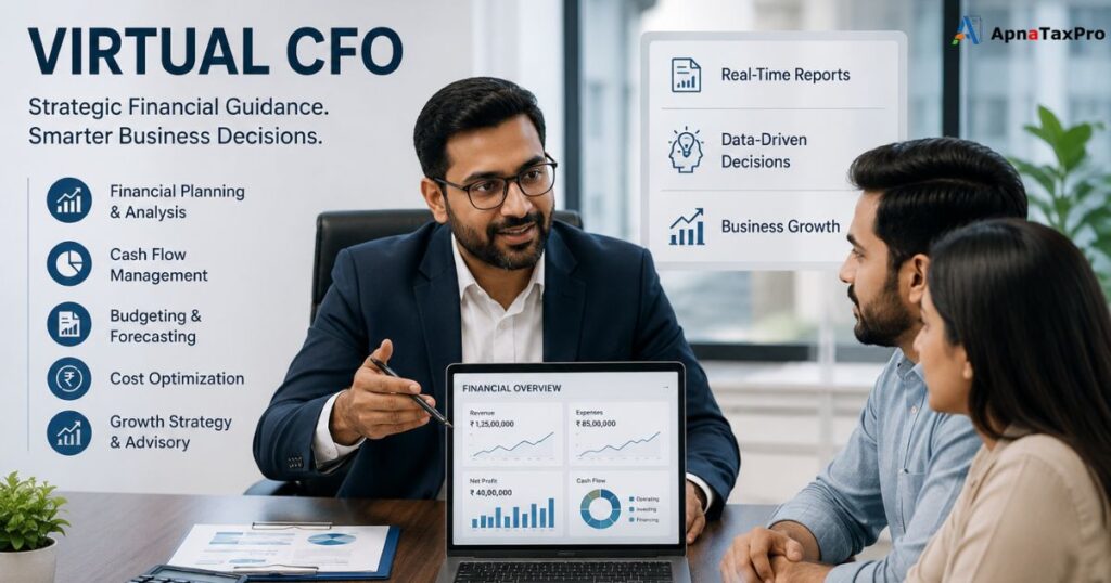 Virtual CFO consultant discussing financial planning, budgeting, cash flow management, and business growth strategy with clients in a professional office meeting.