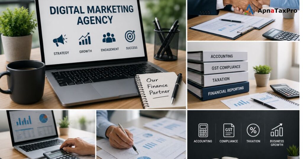 Professional business illustration representing finance partnership for a digital marketing agency with accounting, GST compliance, taxation, financial reporting, bookkeeping, and business advisory services for startups, SMEs, and growing businesses in Indore.