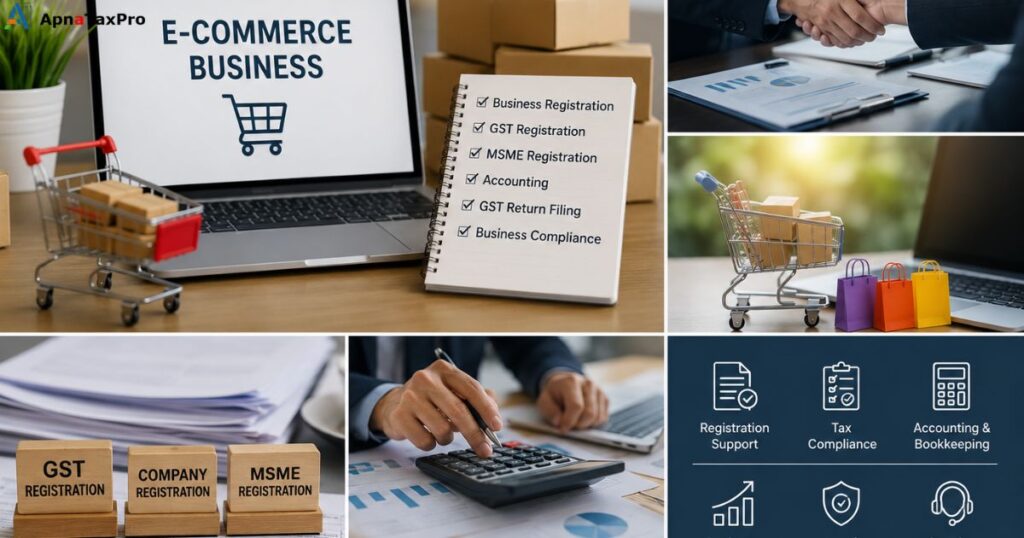 Professional e-commerce business setup illustration showing GST registration, company registration, MSME registration, accounting, bookkeeping, tax compliance, and business consulting for startups, SMEs, and MSMEs in Indore.