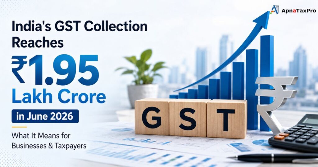 India GST Collection June 2026 reaches ₹1.95 lakh crore highlighting GST compliance, business growth, and tax updates by ApnaTaxPro.